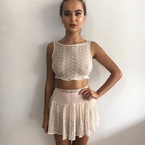 Lace Crochet Crop Top and Skirt Set - Cream